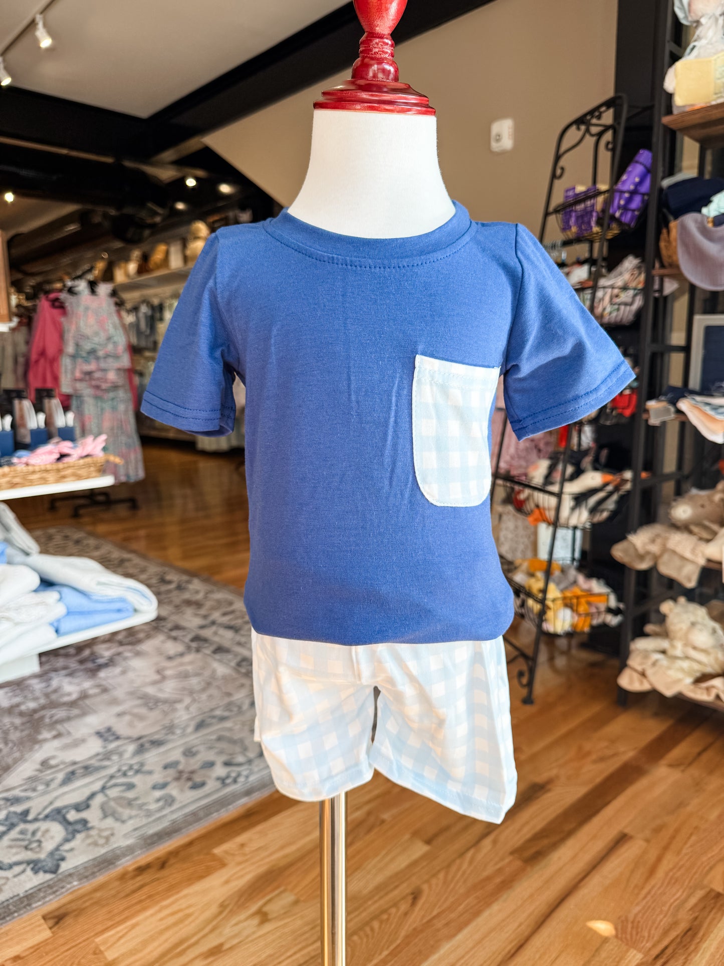 Navy blue gingham pocket short set