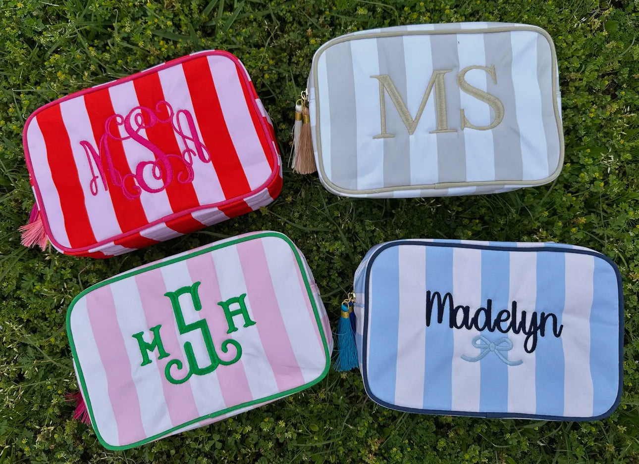 Stripe cosmetic bag with tassel- includes monogram