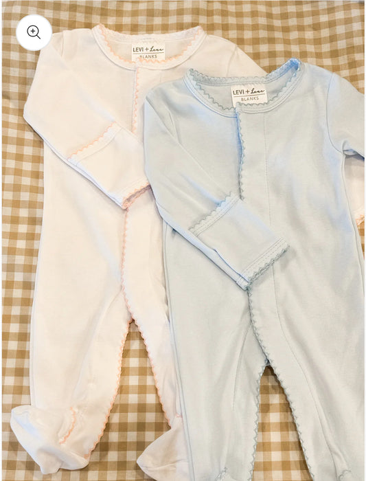 Blue picot trim footie- INCLUDES EMBROIDERY