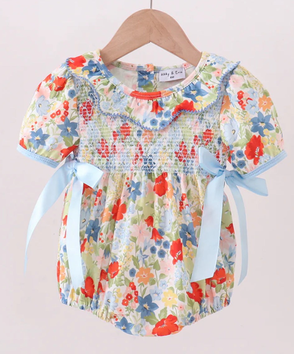 Red floral smocked bubble