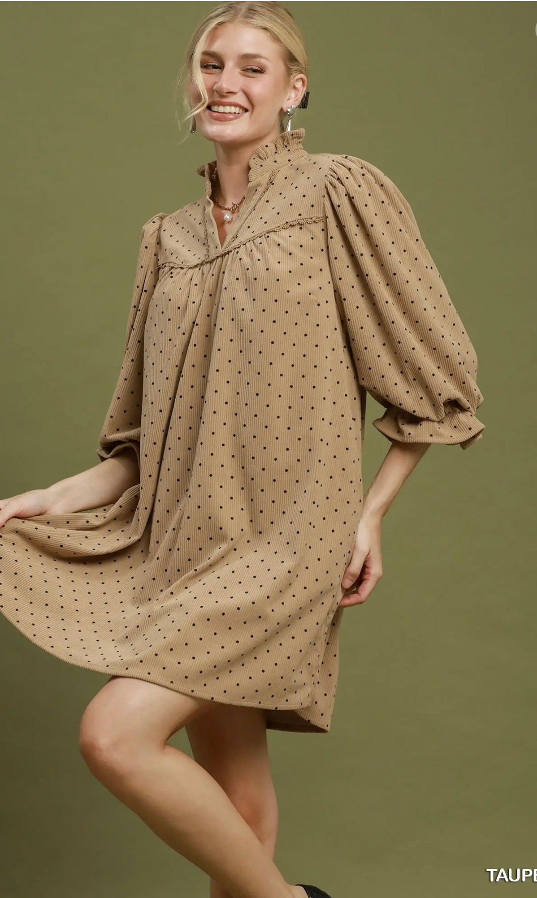 Swiss Dot Ruffle Neck Babydoll Dress