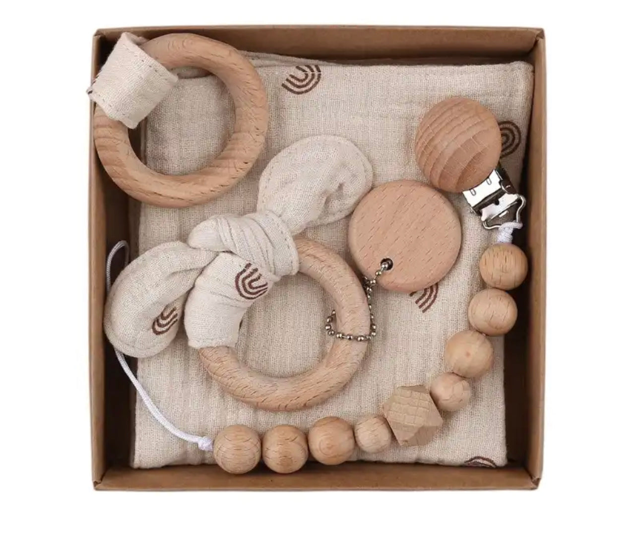 Newborn gift set- pacifier clip, teething ring, teething towel