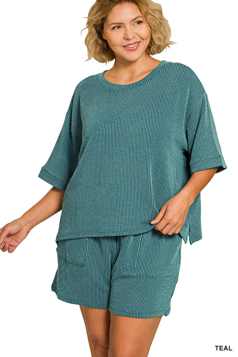 Plus teal ribbed short set