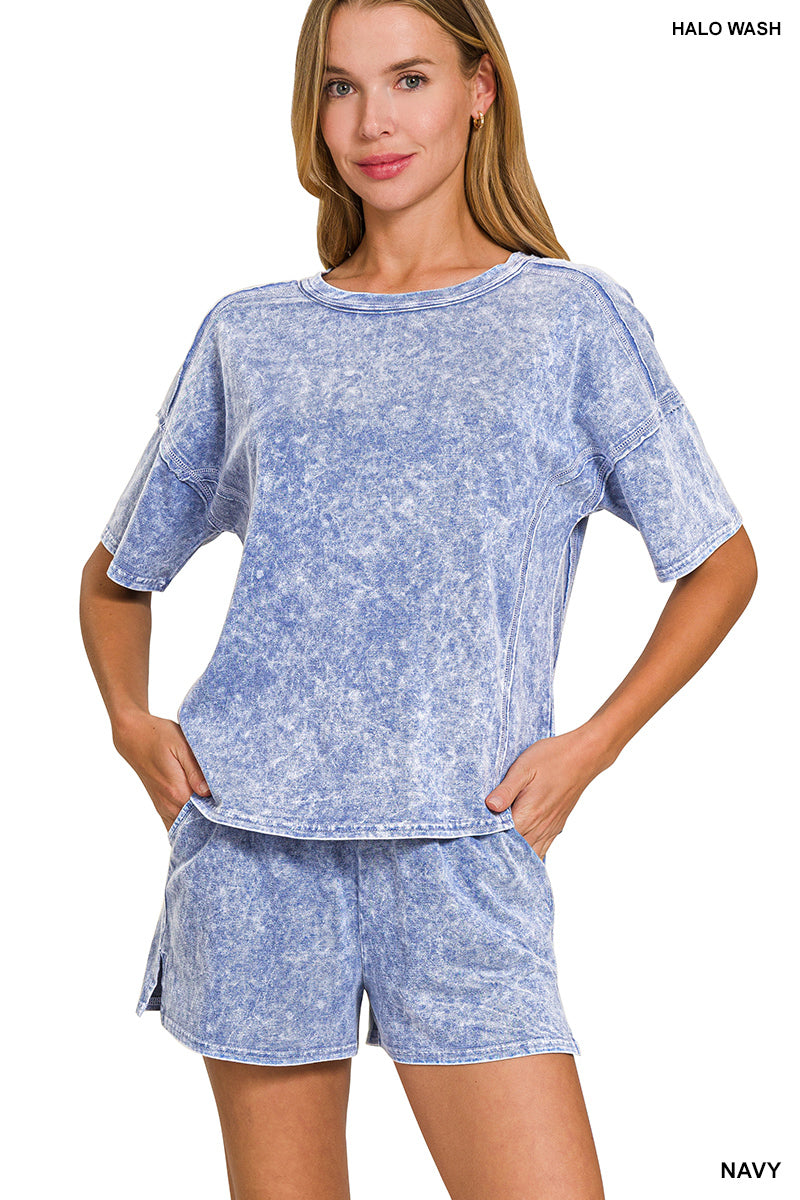 Acid wash 2pc short set- navy