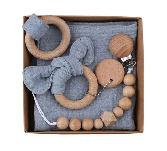 Newborn gift set- pacifier clip, teething ring, teething towel