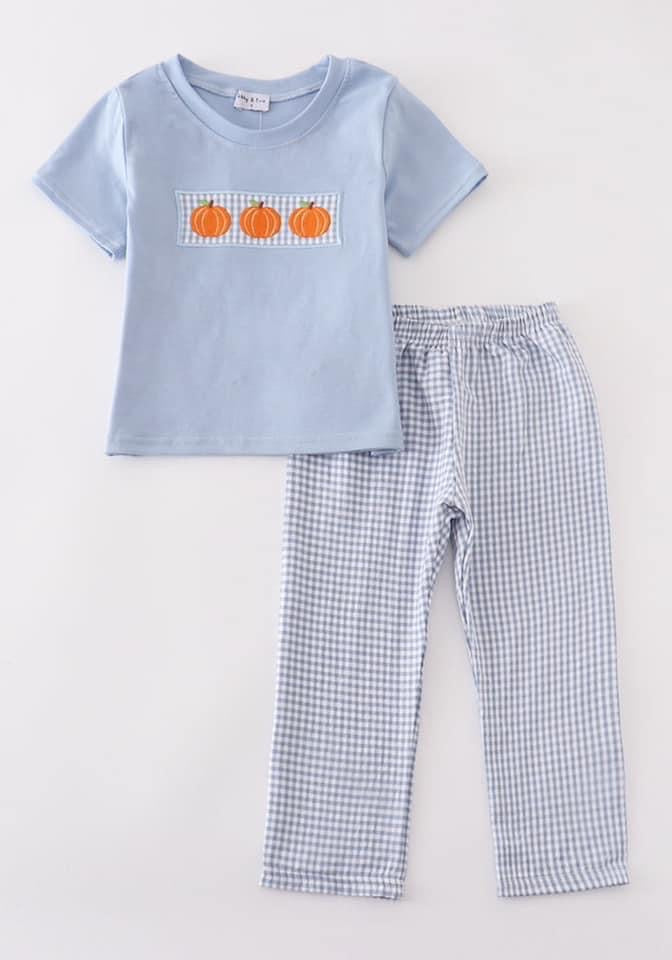 Boys blue gingham pumpkin set