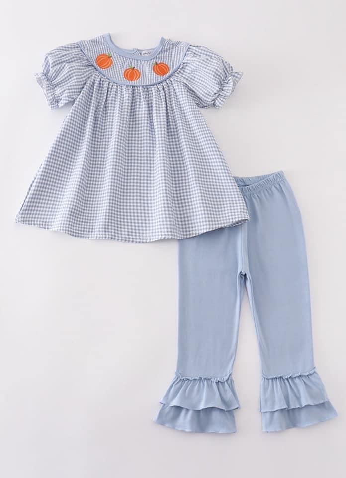Blue gingham pumpkin girls pant set