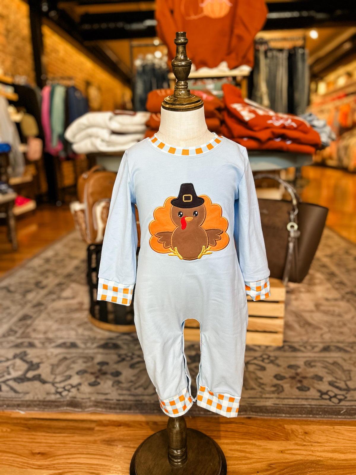 Blue turkey plaid romper