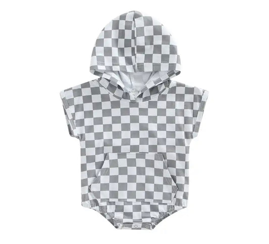 Grey checkered hooded romper