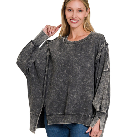 Acid wash exposed seam pullover- ash black