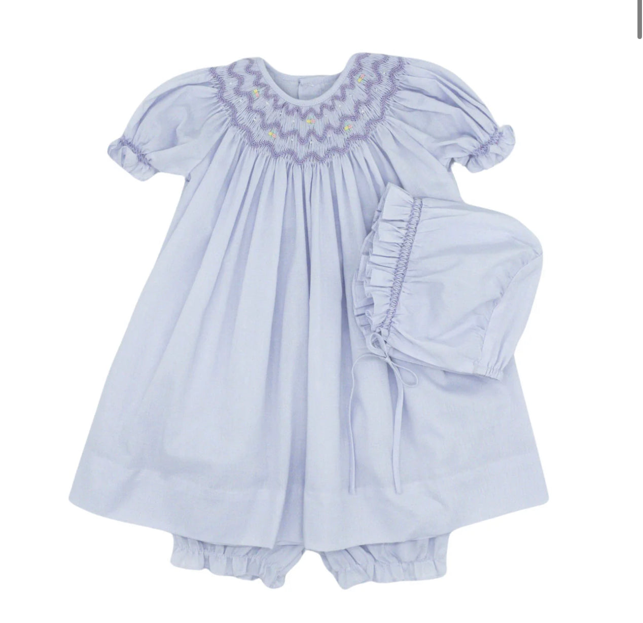 Lavender smocked dress with hat & bloomers