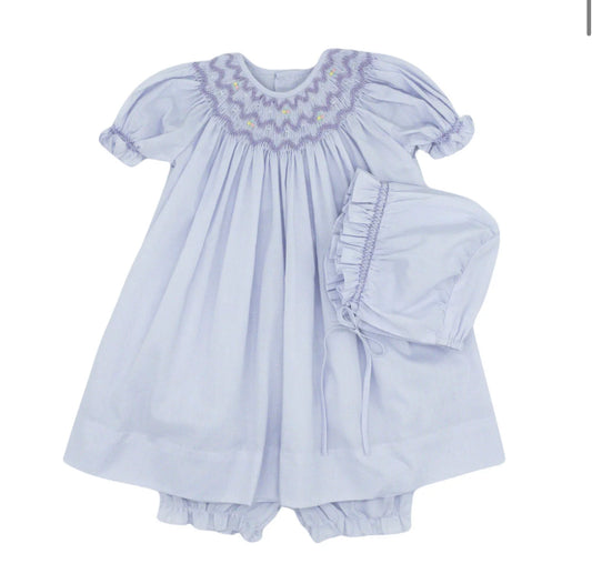 Lavender smocked dress with hat & bloomers