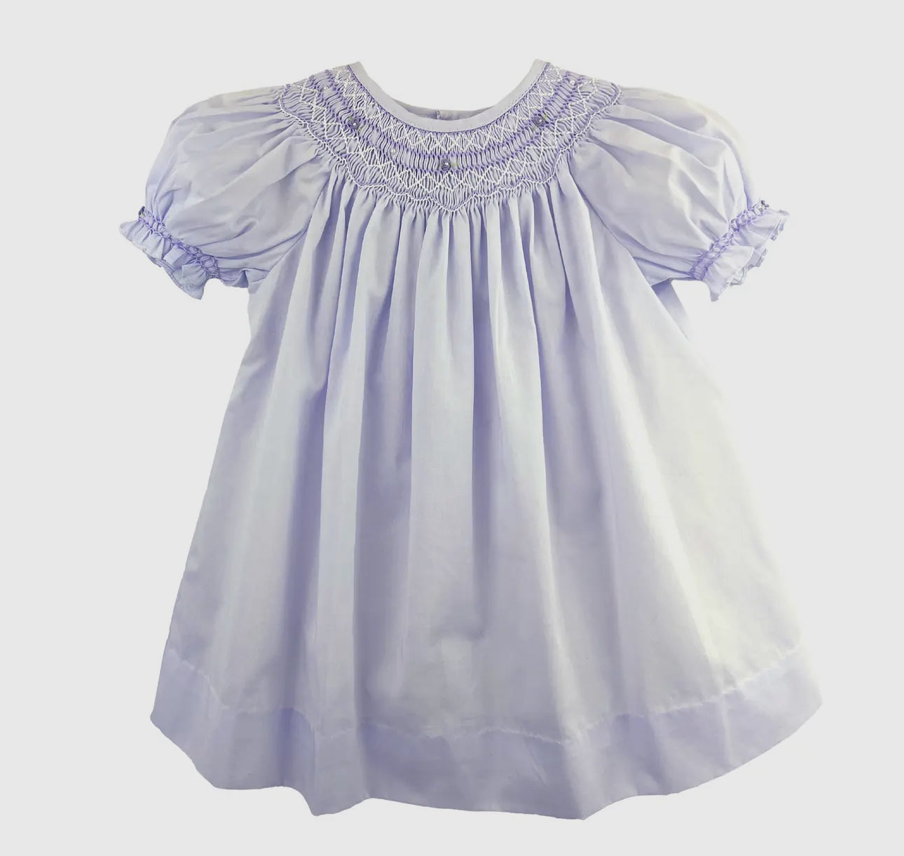 Bishop smocked dress with pearls lavender