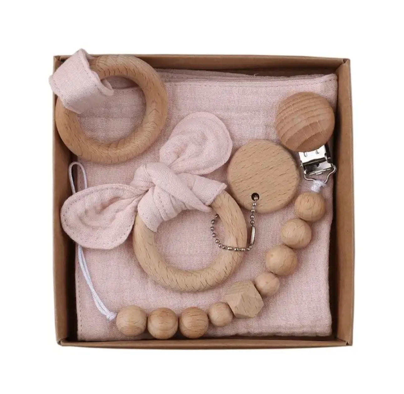 Newborn gift set- pacifier clip, teething ring, teething towel
