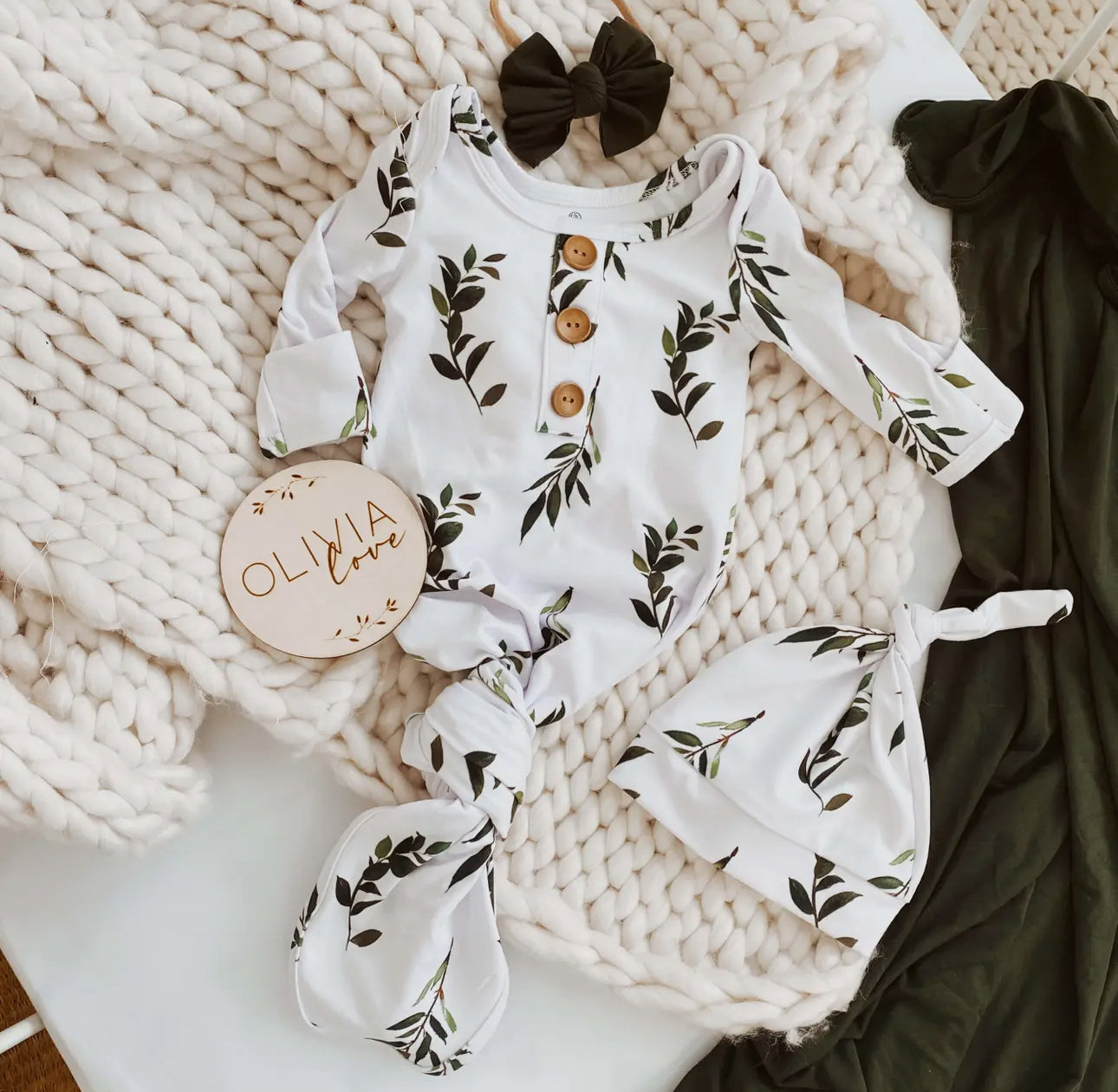 Olive Leaf newborn knot gown & hat set
