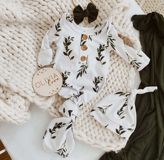 Olive Leaf newborn knot gown & hat set