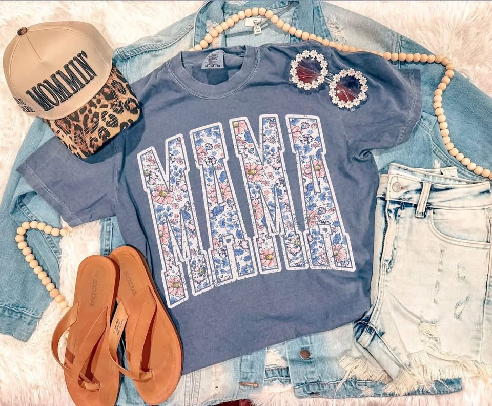 Denim floral MAMA tee