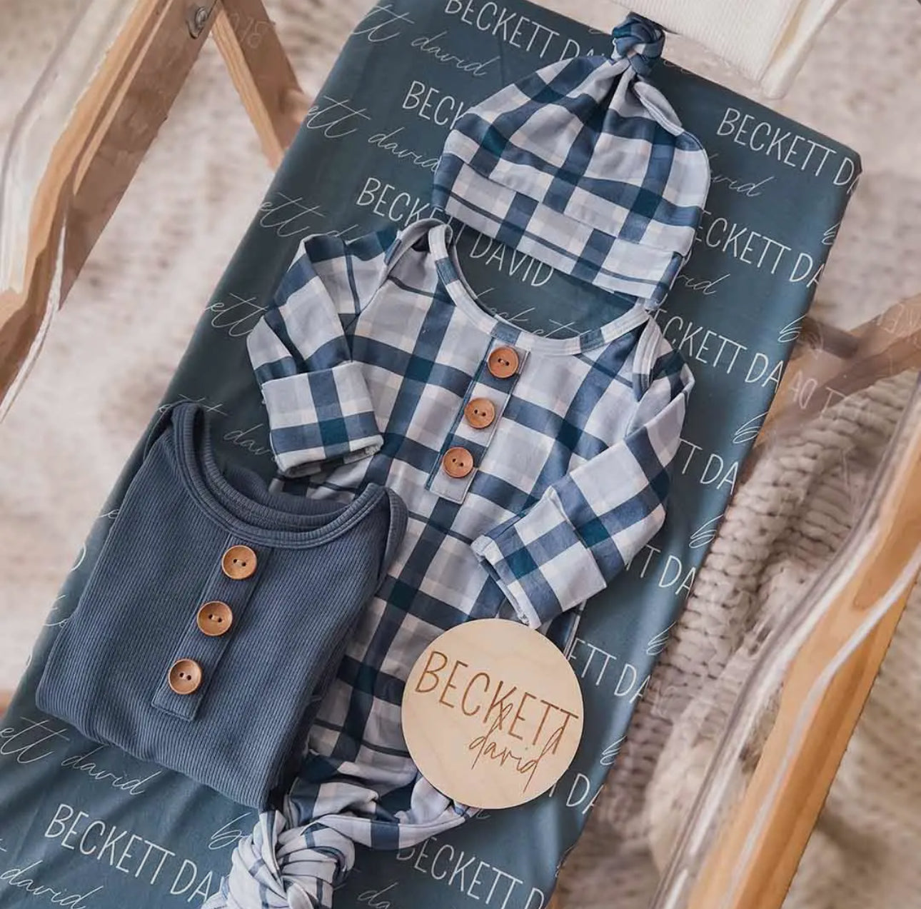 Paxton plaid newborn gown with hat
