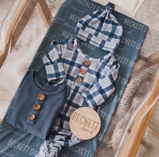Paxton plaid newborn gown with hat
