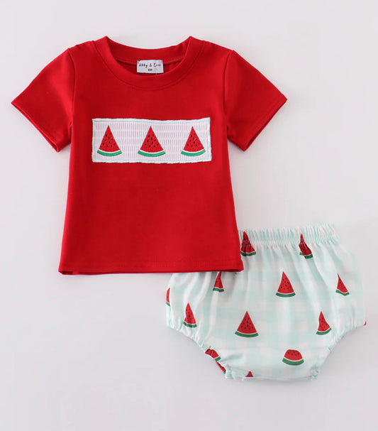 Watermelon smocked bloomer set