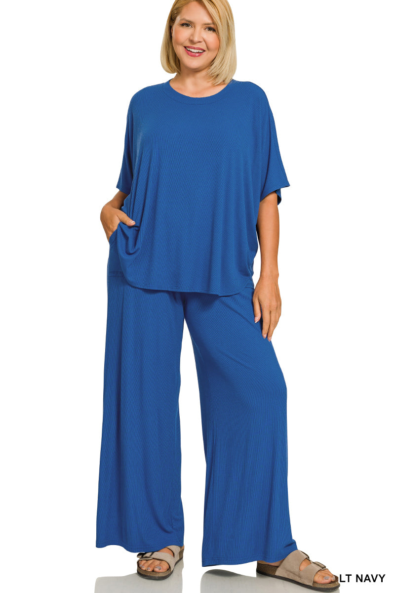 Curvy sized ribbed pant set- navy