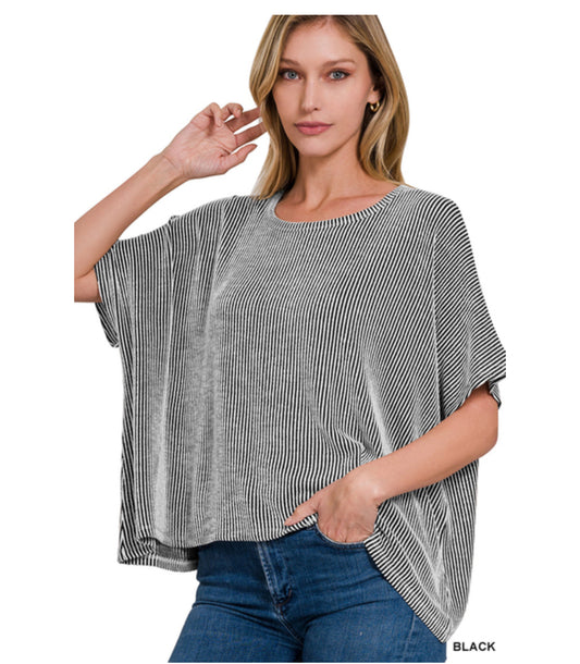 Ribbed striped oversized short sleeve top - black