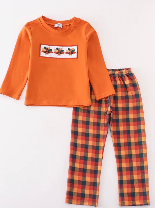 Turkey plaid embroidered boys set