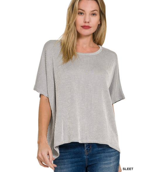 Ribbed striped oversized short sleeve top - sleet