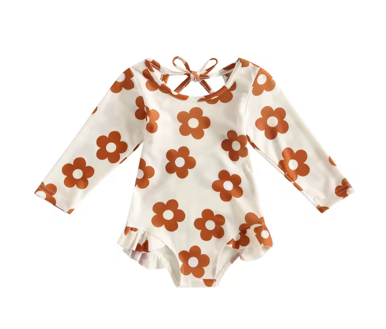 Brown retro floral swim Rashguard