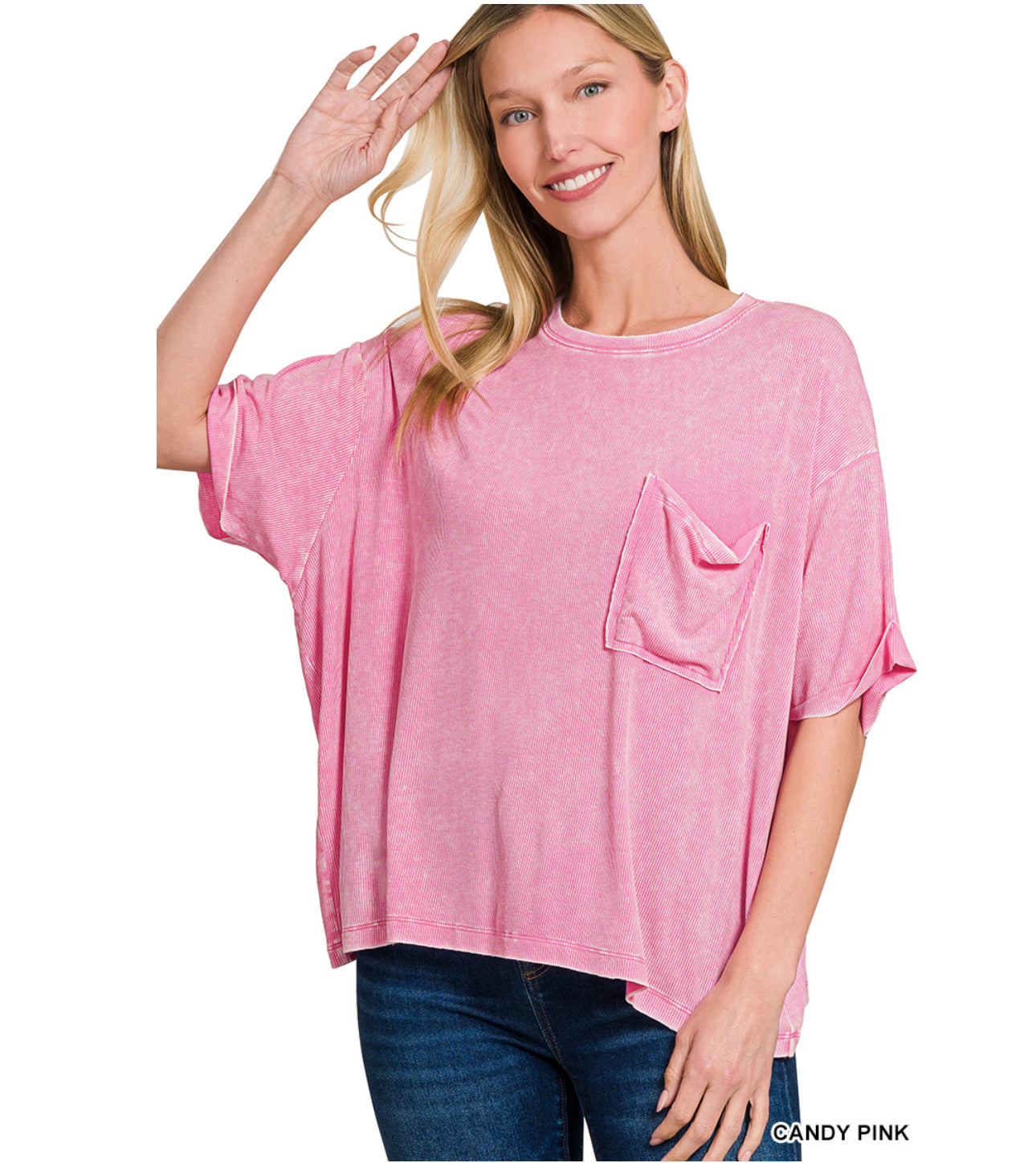 Acid wash ribbed top -candy pink