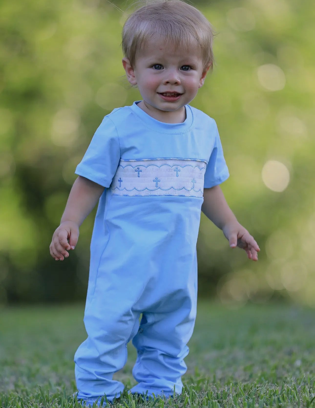 Blue smocked cross long all
