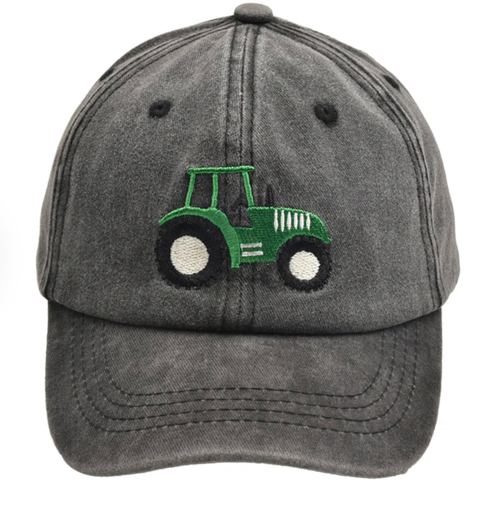 Green tractor embroidered kids hat