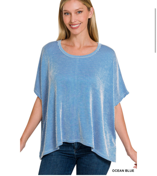 Ribbed striped oversized short sleeve top - ocean blue