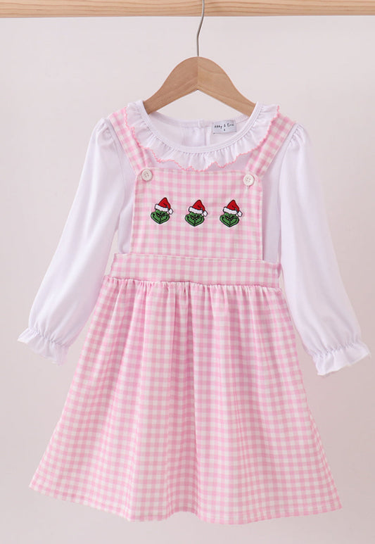 Pink gingham green man trio dress set