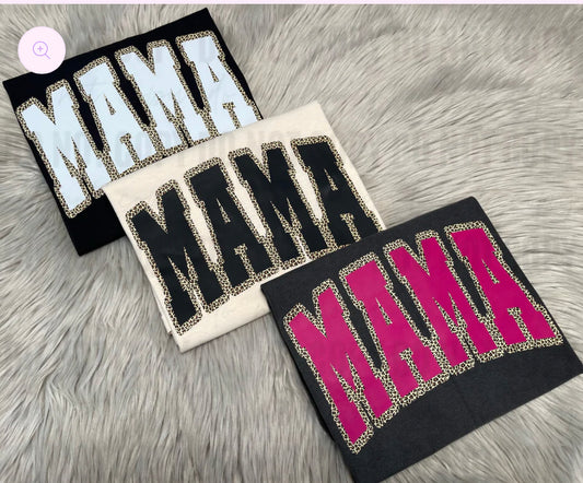 Cheetah Mama Tee (black tee with white/leopard lettering)