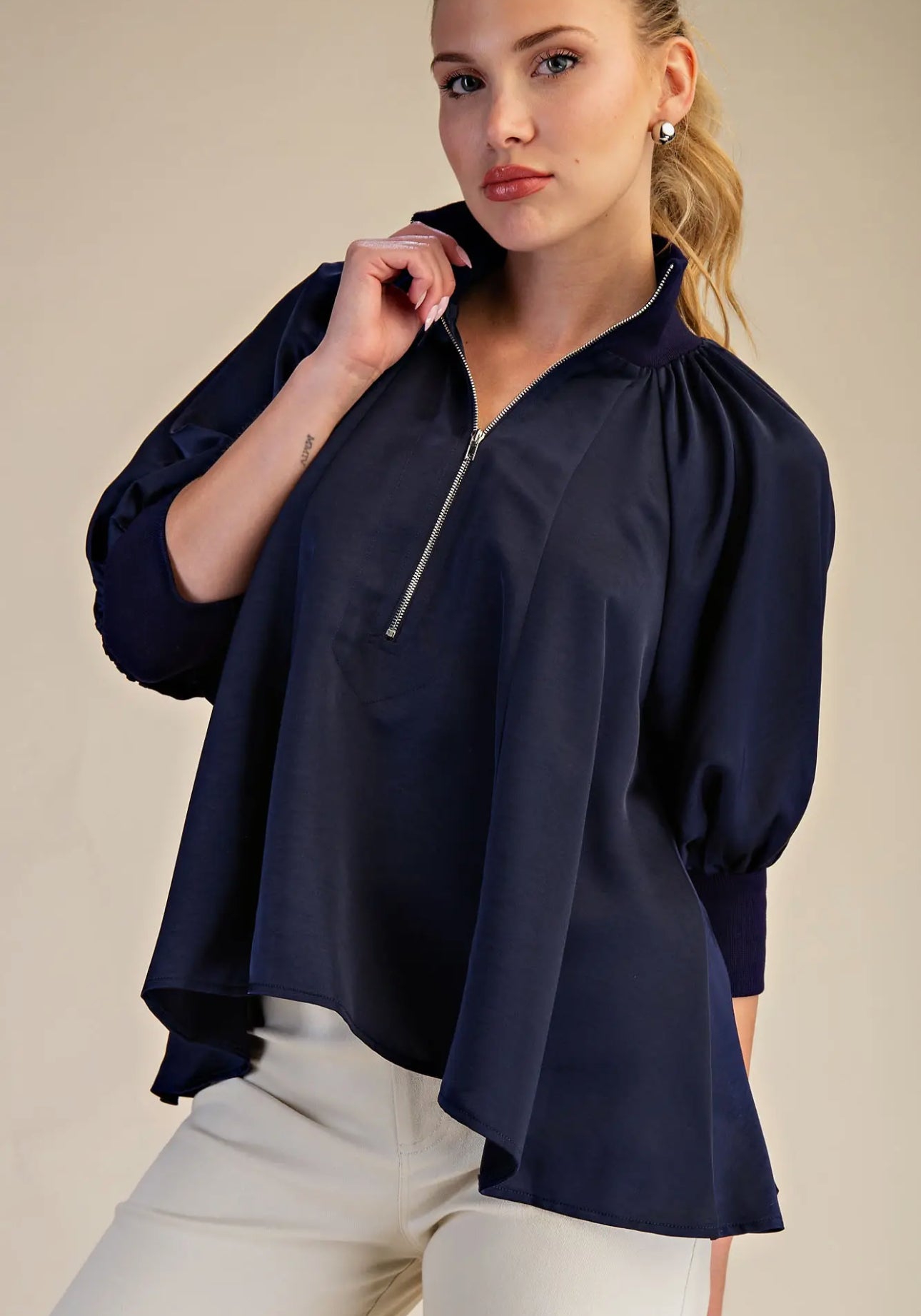 Navy mock neck blouse