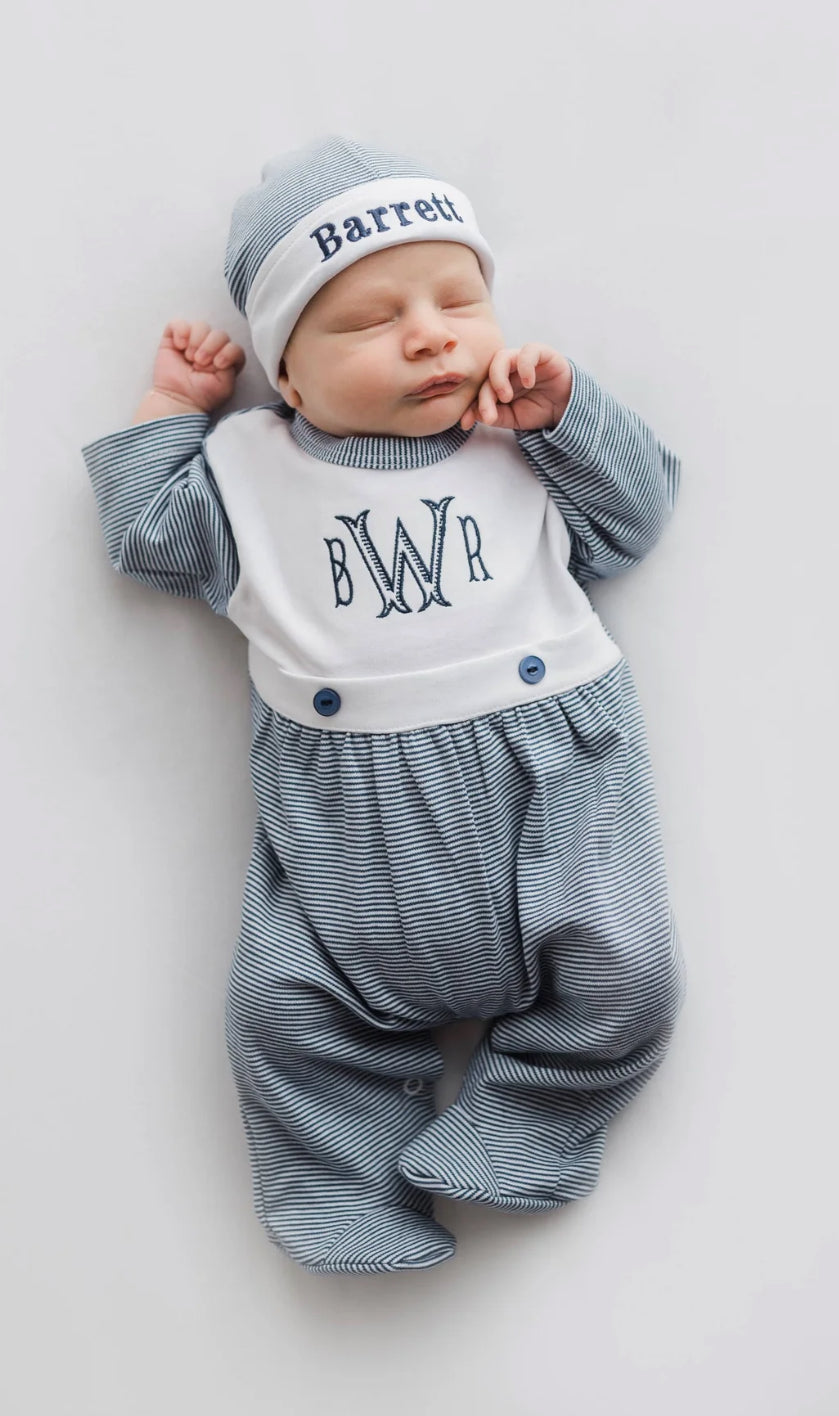Navy striped bib footie & hat
