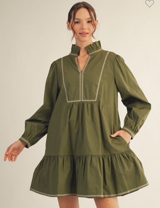 Olive ruffled neckline dress