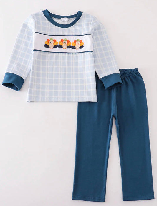 Boys blue French knot turkey set