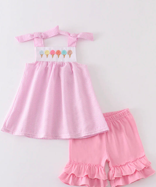 Ice cream French knot girls short set