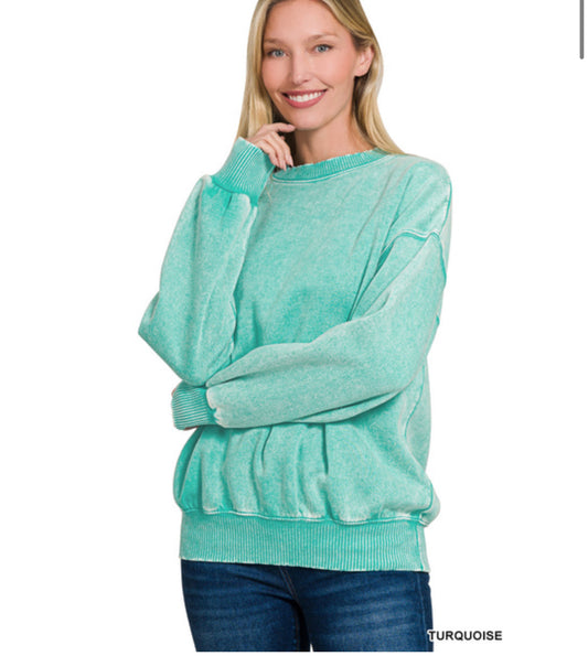 Acid wash oversized pullover - turquoise