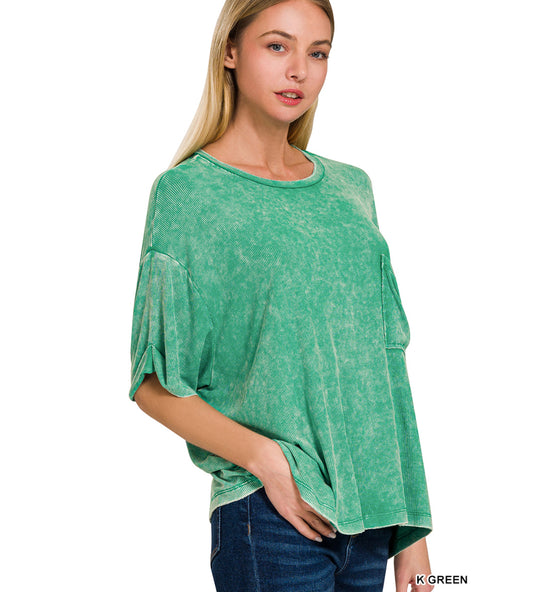 Acid wash ribbed top -Kelly green