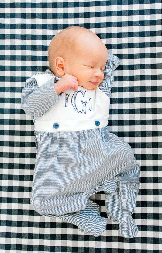 Navy striped bib footie & hat