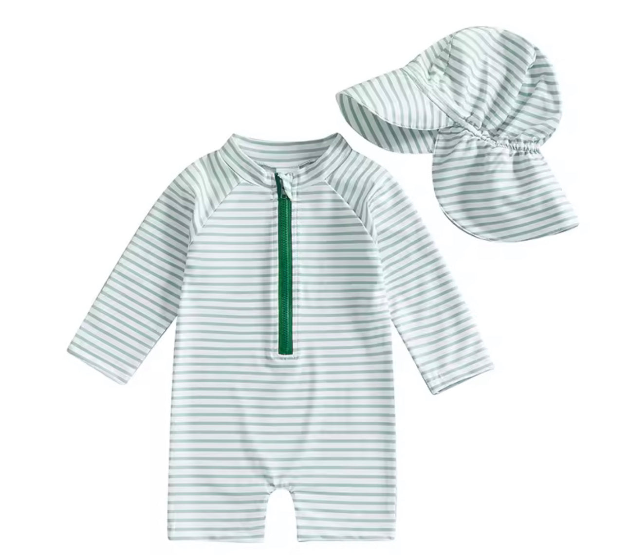 Green stripe Rashguard swim with hat