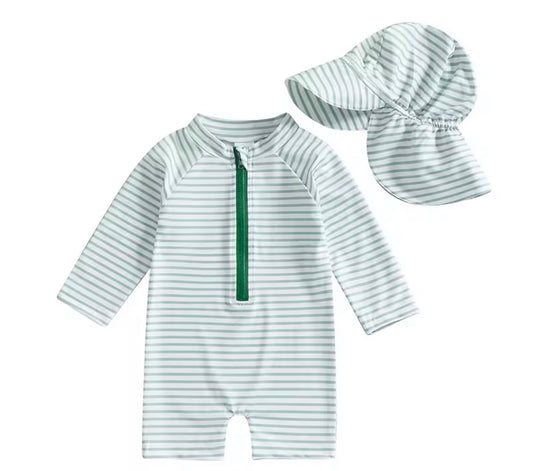 Green stripe Rashguard swim with hat
