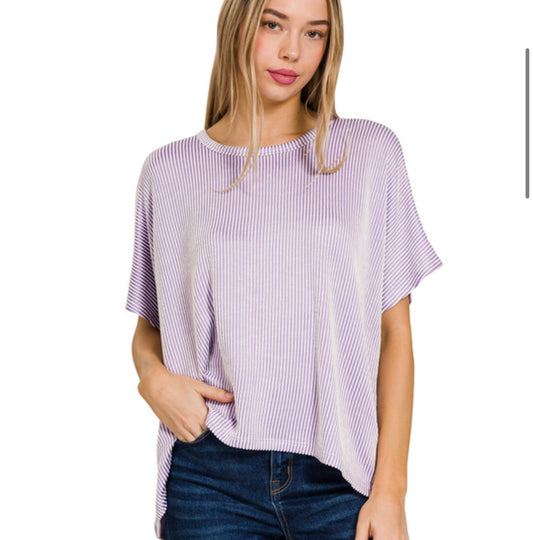 Ribbed striped oversized short sleeve top - lavender