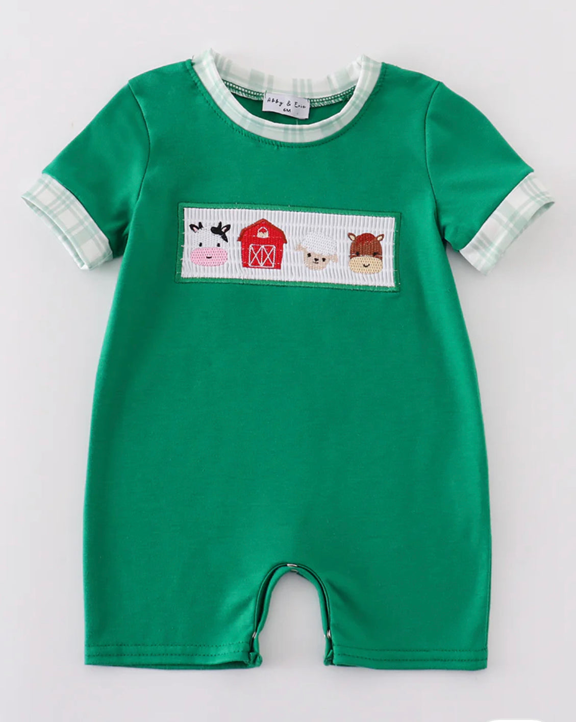 Green farm smocked boys romper