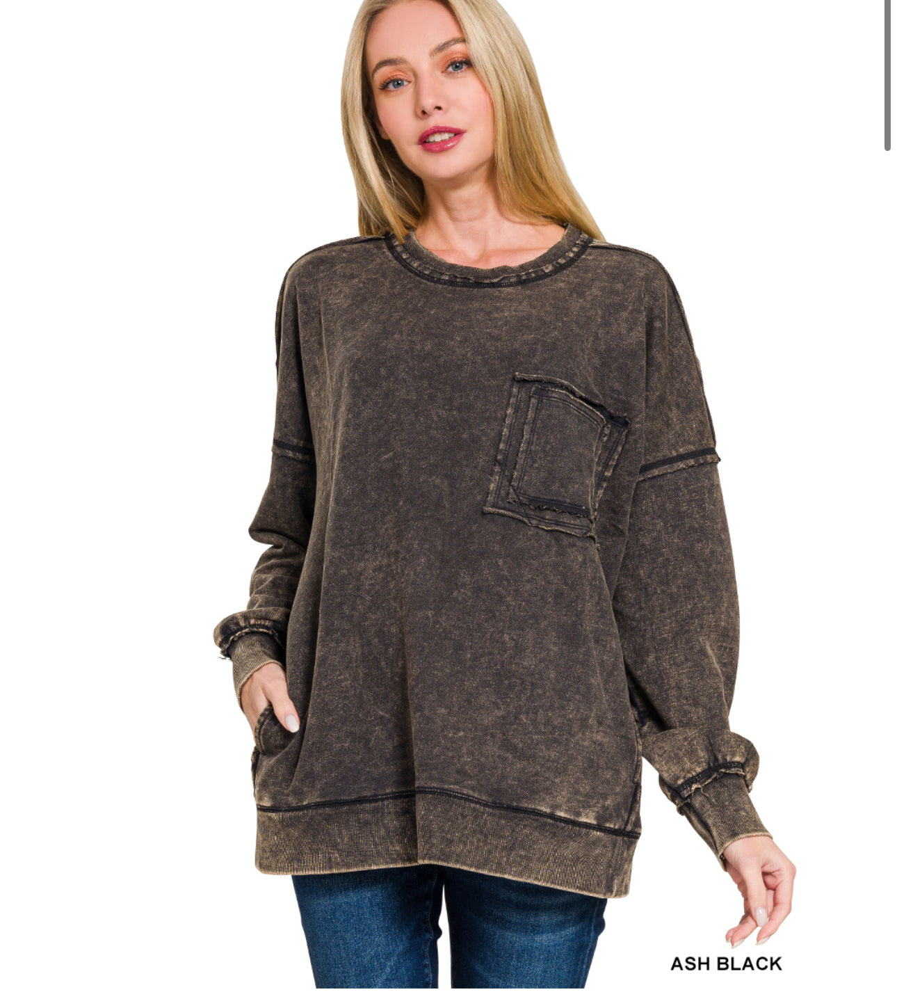 Acid Wash Raw Edge Pocket Pullover - ash black