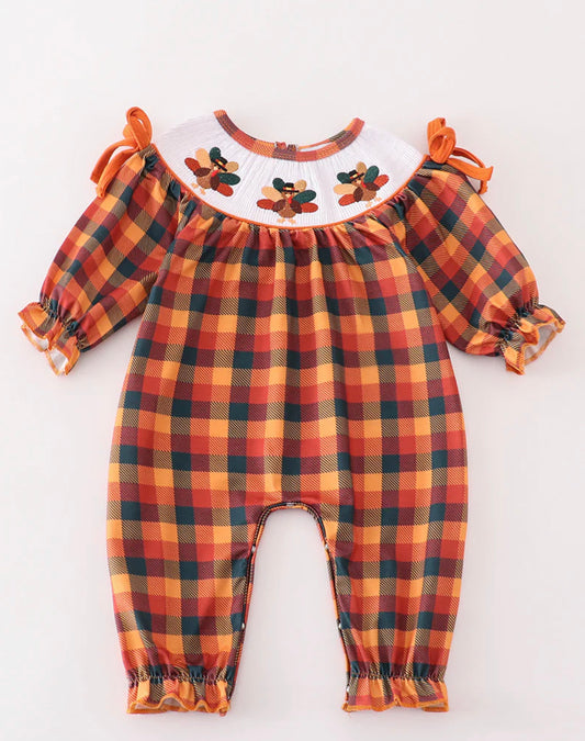 Orange plaid turkey girls romper