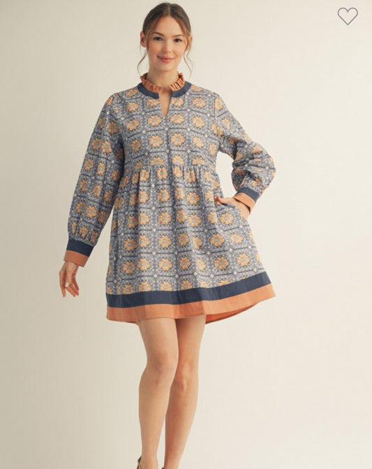 Blue ruffle neck floral dress